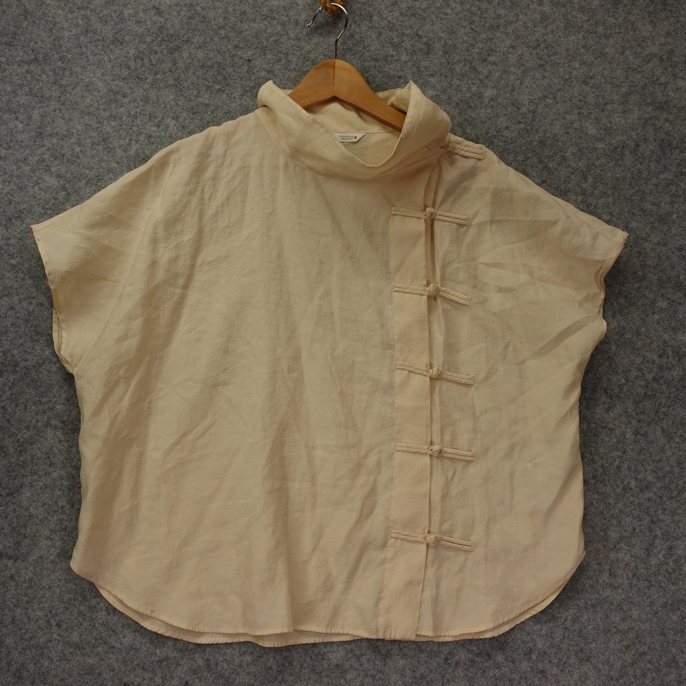 Oversized Mandarin Blouse Women M Cream Neutral Minimalist Frog Button Boxy Zara